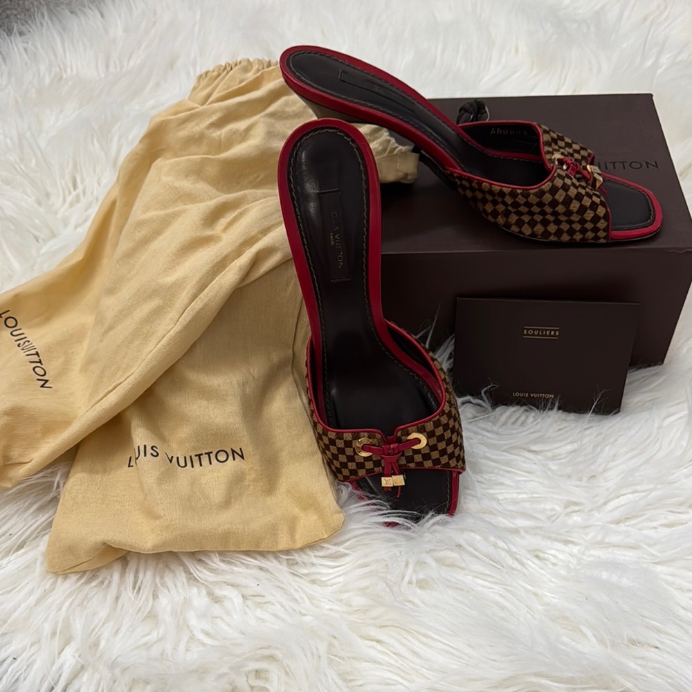 Louis Vuitton Women's Checkered Slide Sandals - Brown and Red